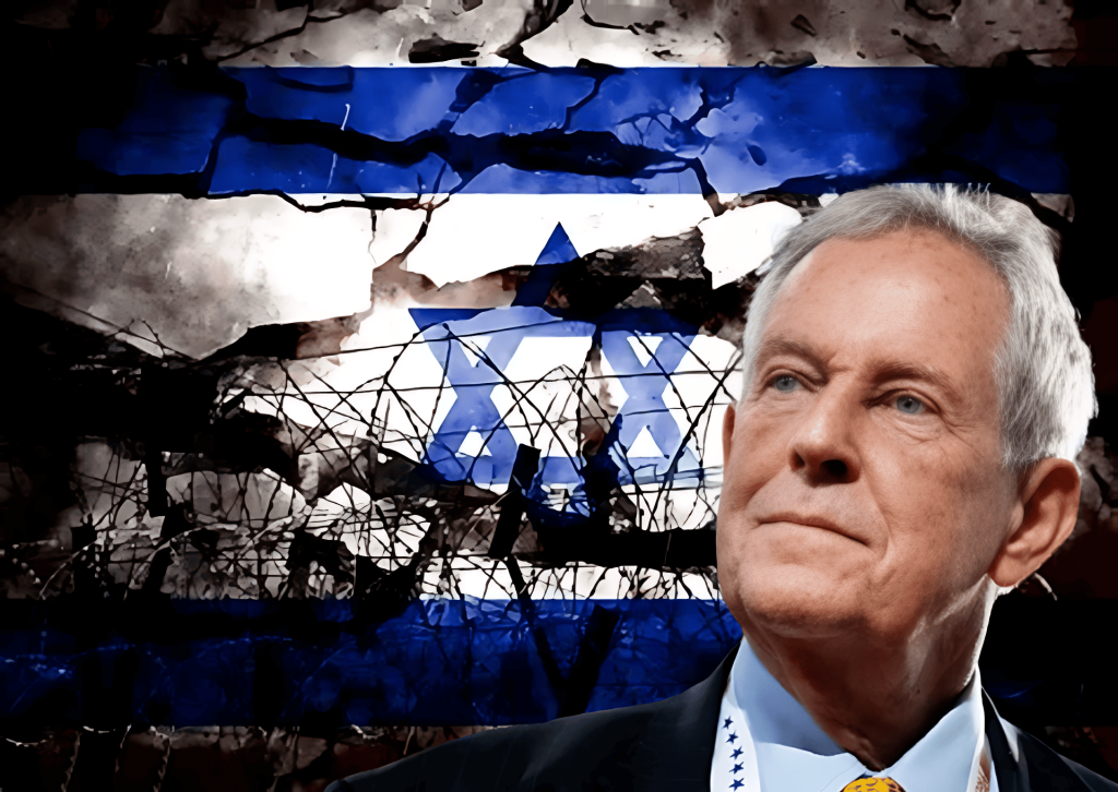 Retrato de hombre, fondo bandera Israel, conflicto, daño, destrucción.