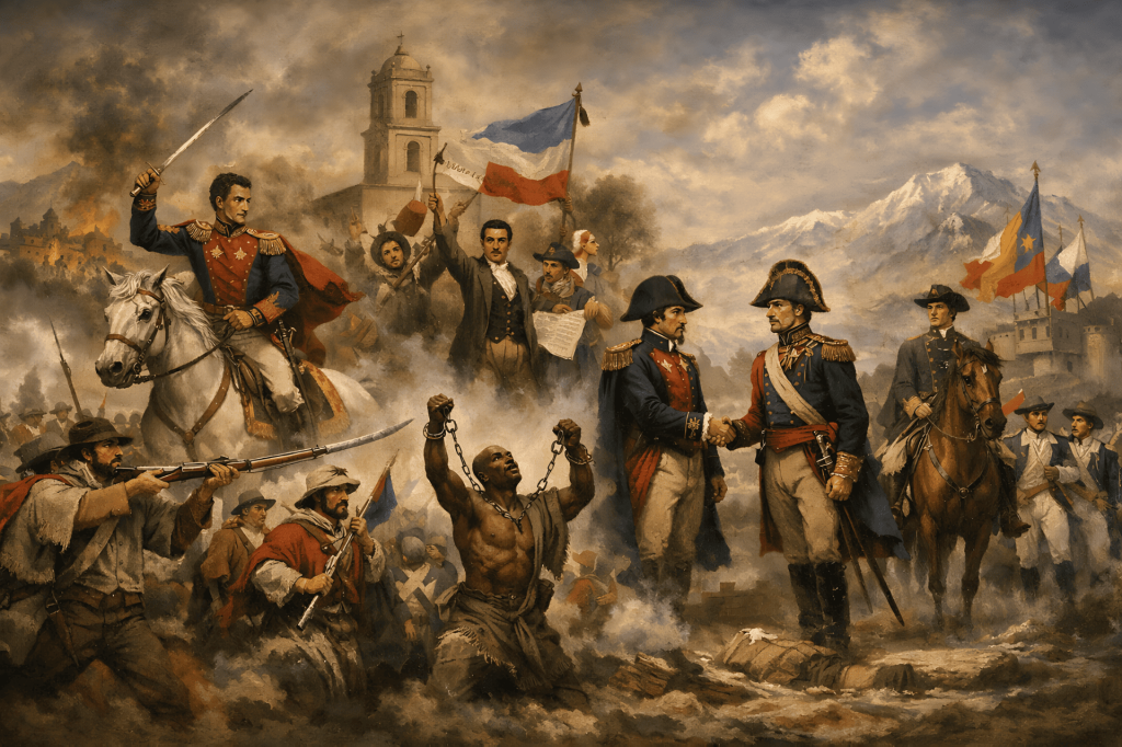 Escena histórica de batalla y liberación en América Latina.