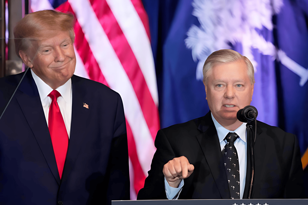 Donald Trump y Lindsey Graham en evento político con banderas.