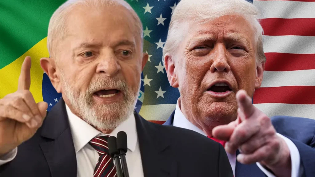 Lula y Trump frente a banderas de Brasil y EE.UU.