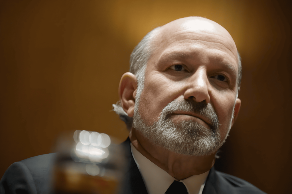Hombre calvo con barba gris en traje, expresión seria.