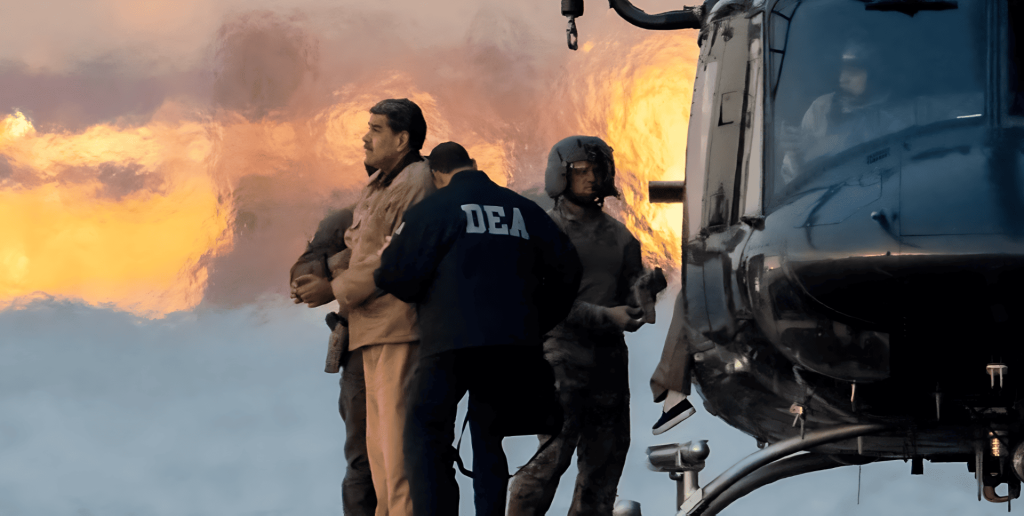 Maduro siendo escoltado por agentes de la DEA junto a un helicóptero.