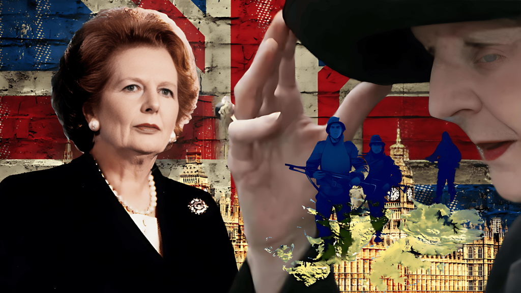 Margaret Thatcher, guerra Malvinas, soldados, bandera británica.