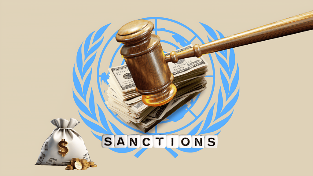 Sanciones internacionales, mazo, dinero y logo de la ONU.