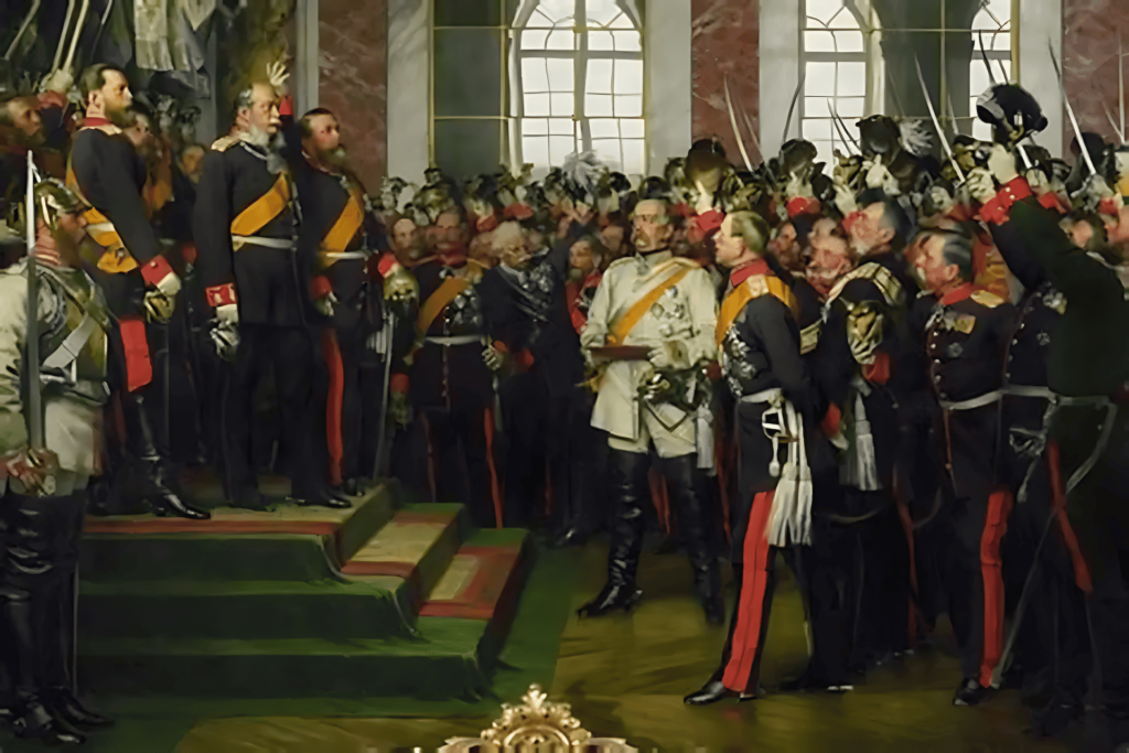 Pintura histórica: Proclamación Imperio Alemán con figuras destacadas.