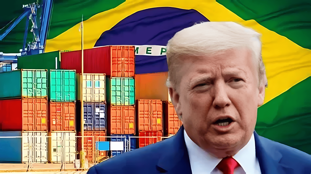 Donald Trump, bandera de Brasil, contenedores, comercio internacional.