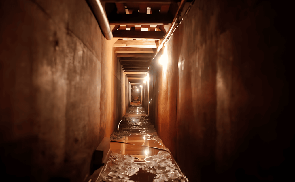 Túnel oscuro y estrecho con agua en el suelo, luces interiores.
