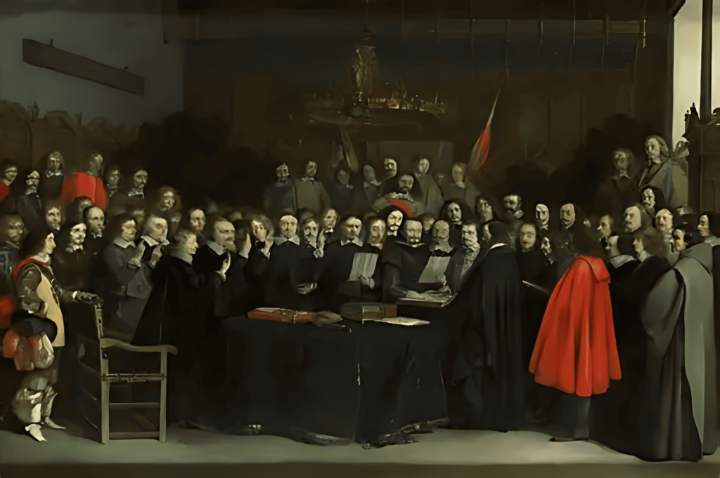Pintura histórica: hombres reunidos, firmando documentos, siglo XVII.