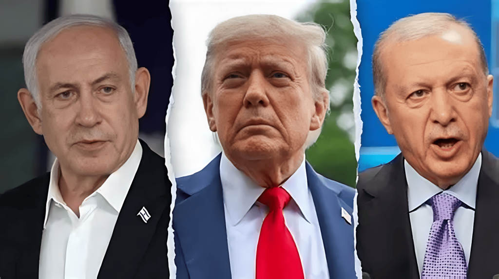 Líderes Netanyahu, Trump y Erdoğan en collage con desgarros.