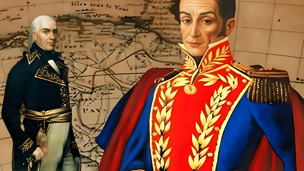 Simón Bolívar y otra figura militar ante un mapa antiguo.