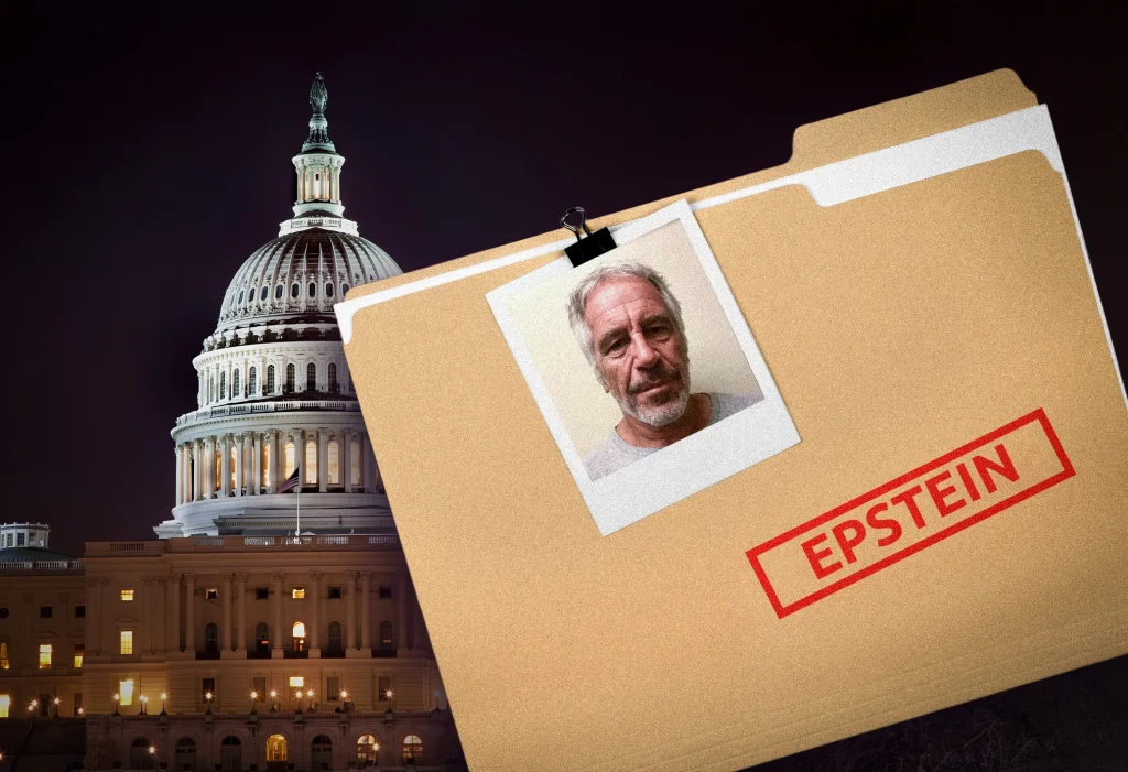 Expediente Epstein con foto y el Capitolio de EE. UU. de noche.