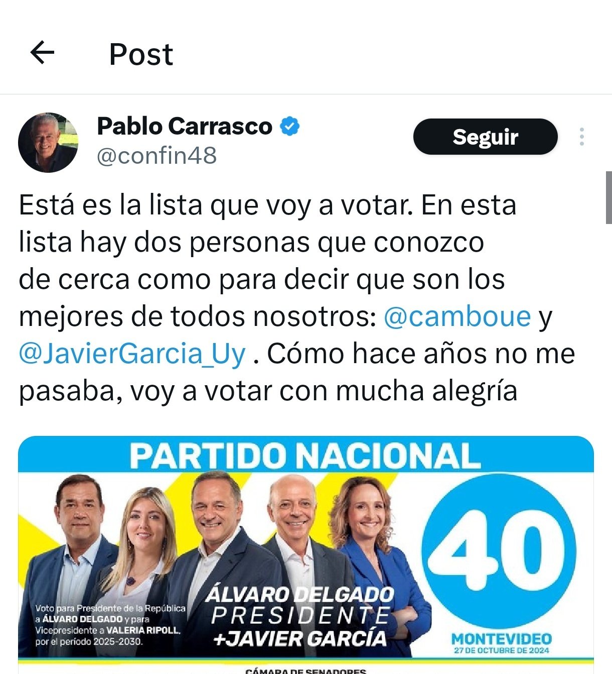 Post de Pablo Carrasco en X mostrando la boleta de la Lista 40 del Partido Nacional