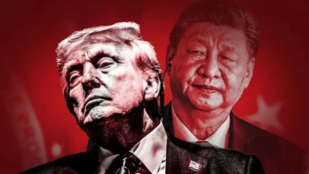 Donald Trump y Xi Jinping sobre fondo rojo con estrellas chinas.