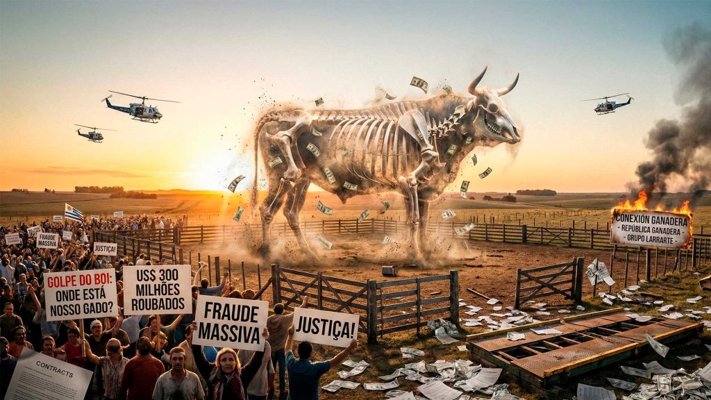 Fraude ganadero, protesta, toro esquelético, dinero, Uruguay, justicia al atardecer.