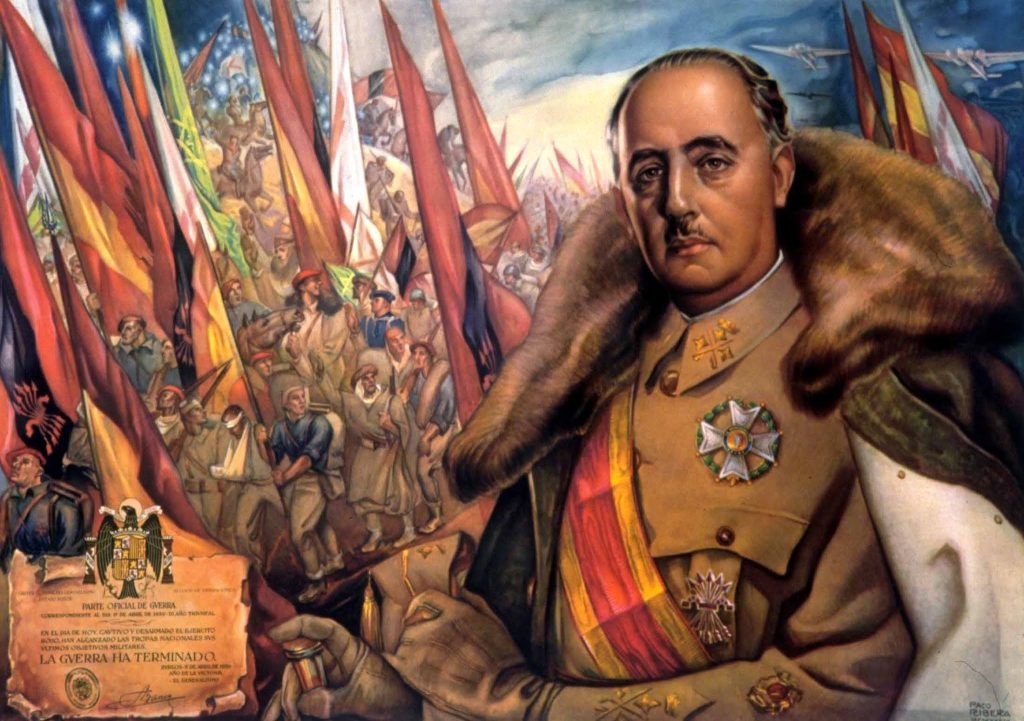 Retrato de Franco, banderas nacionales, soldados y documento de fin de guerra.