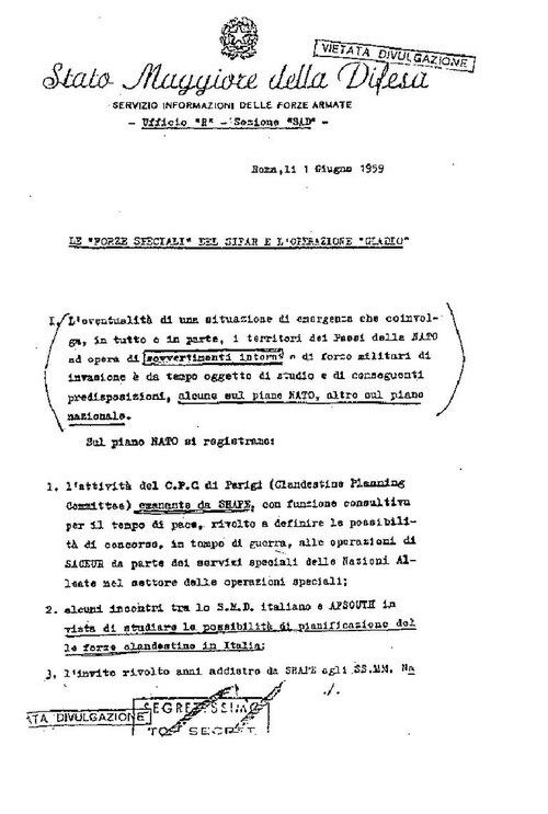 Reporte del Servicio Secreto Militar Italiano (SIFAR) sobre la Operación Gladio, 1959