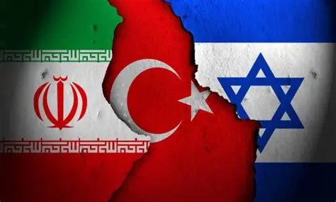 Banderas de Irán, Turquía e Israel rasgadas simbolizando tensiones geopolíticas.
