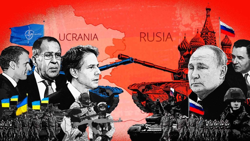 Conflicto Ucrania-Rusia: líderes, tanques y soldados en tensión.