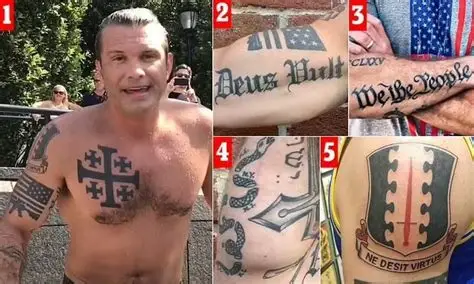 Conjunto de varios tatuajes polémicos de Pete Hegseth