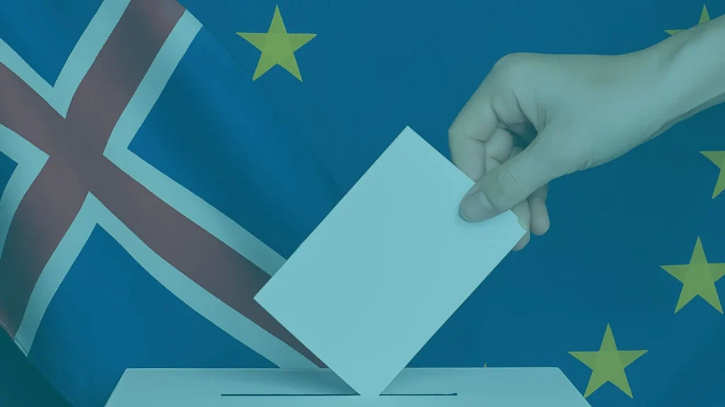 Mano votando con banderas de Islandia y Unión Europea.