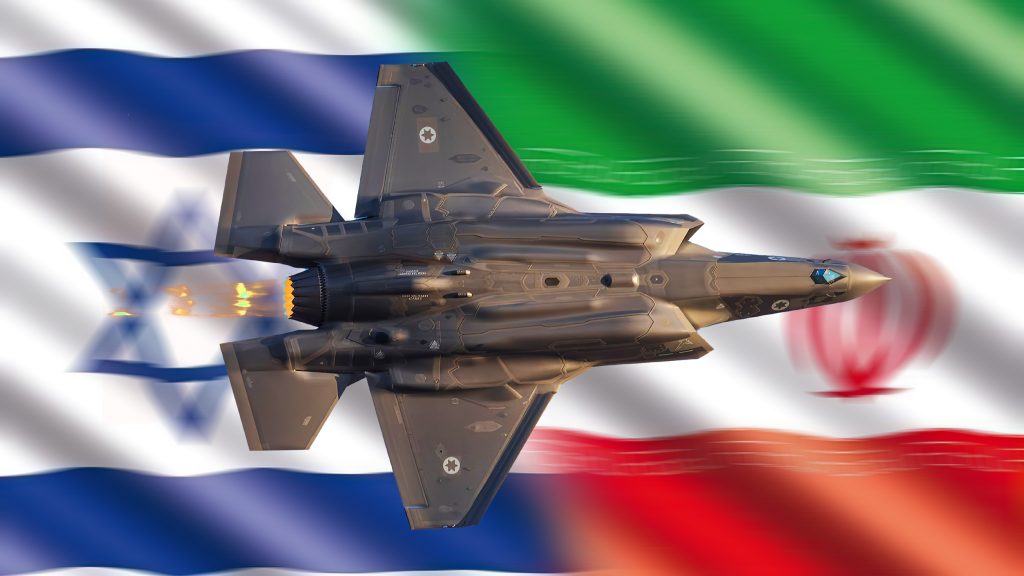 Caza F-35 israelí sobre banderas difuminadas de Israel e Irán.