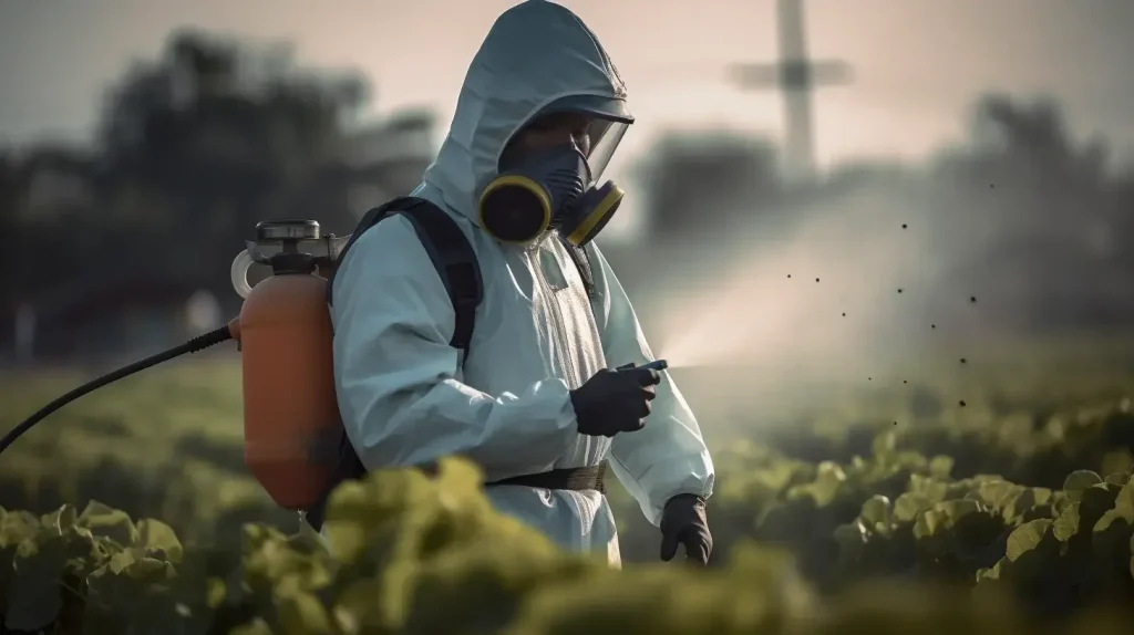 Agricultor pulverizando cultivos con equipo de protección química y mochila.