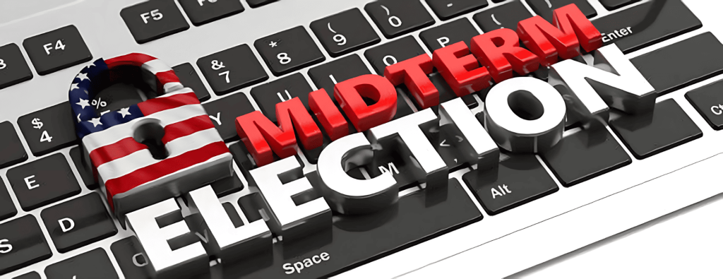 Candado con bandera de EE. UU. y 'MIDTERM ELECTION' en teclado.