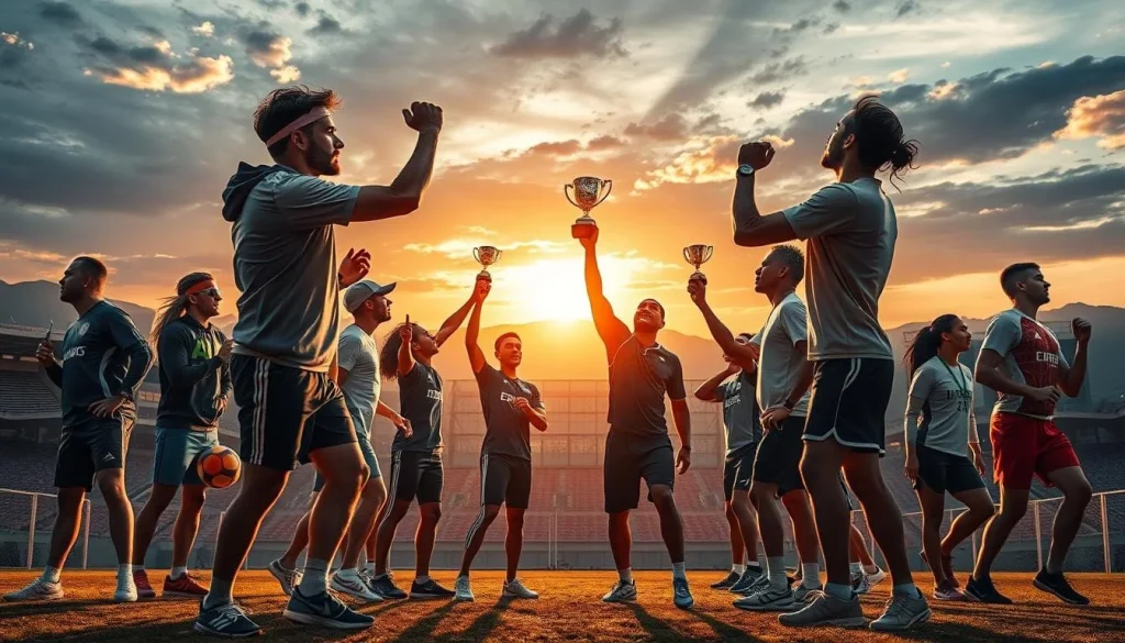 Atletas celebrando victoria con trofeos en campo deportivo al atardecer.