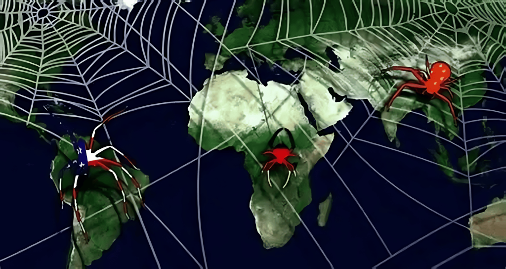Araña bandera EE. UU. y arañas rojas en mapa mundial.