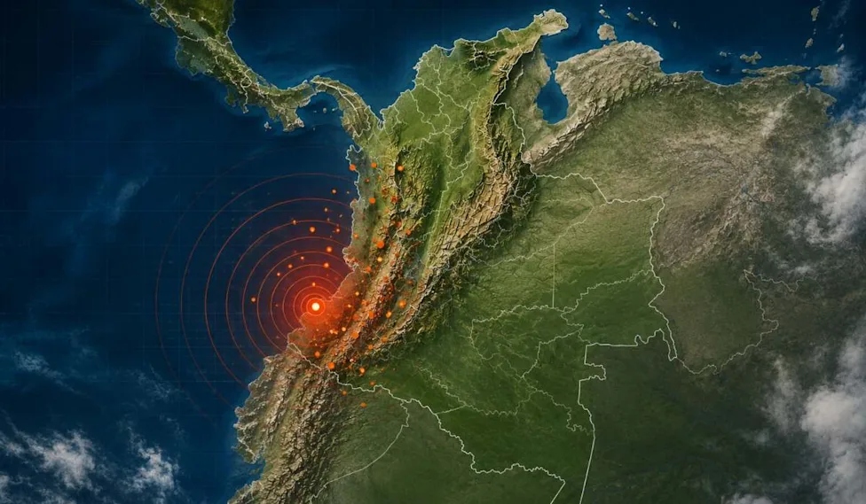 Mapa de Colombia con epicentro de terremoto y ondas sísmicas.