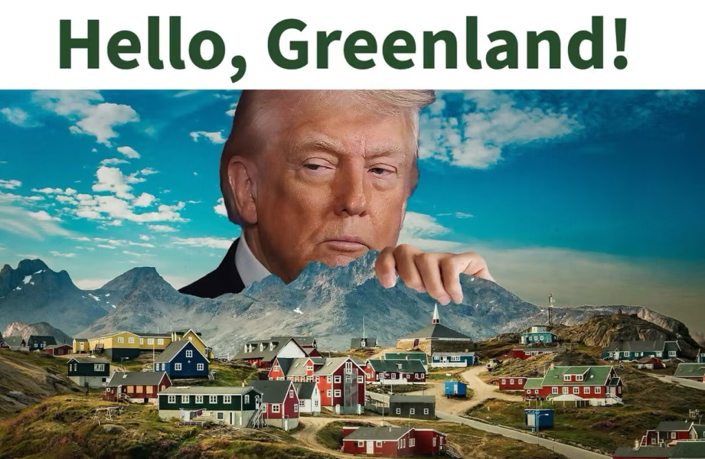 Trump gigante sobre pueblo groenlandés, texto: 'Hello, Greenland!'