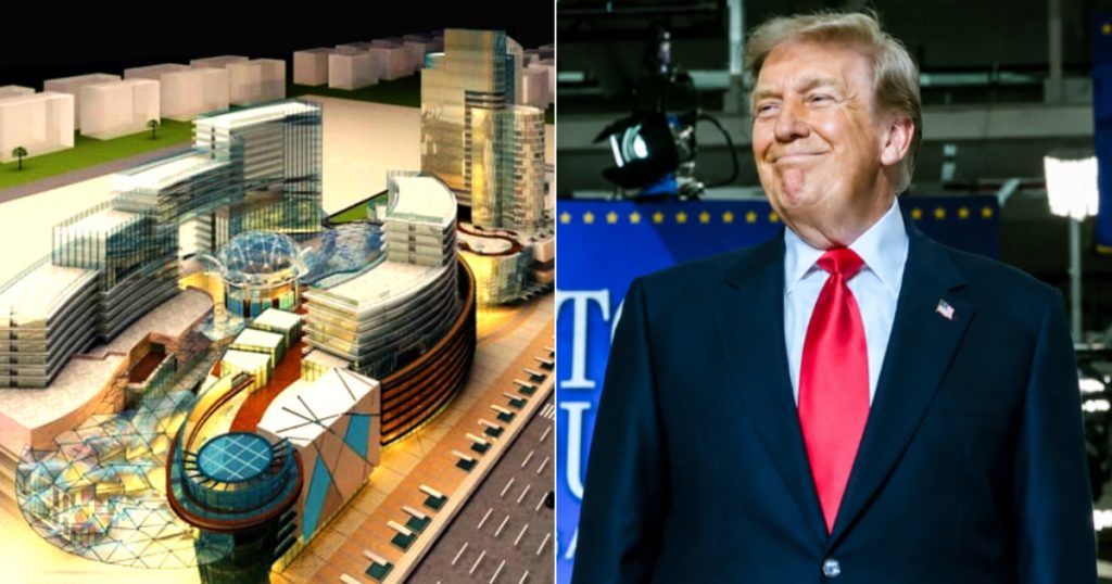 Donald Trump y render de moderno complejo arquitectónico.