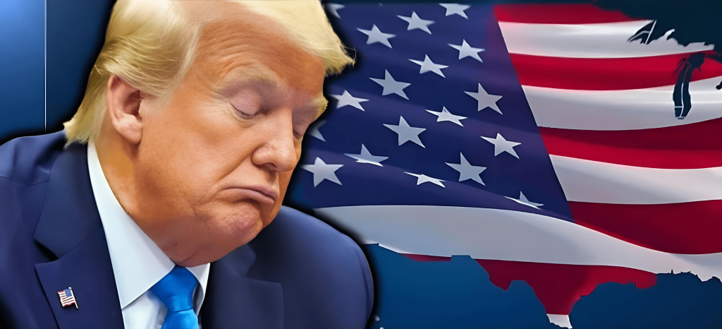 Donald Trump con ojos cerrados sobre bandera y mapa de EE. UU.