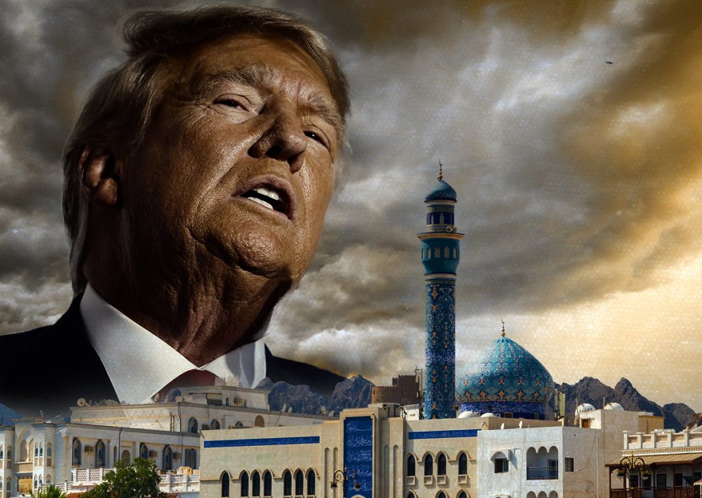 Donald Trump sobre una mezquita y paisaje urbano árabe bajo cielo dramático.