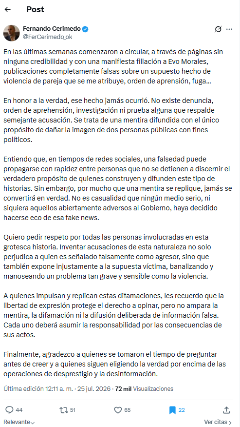 Tuit de Cerimedo desmintiendo denuncias de violencia