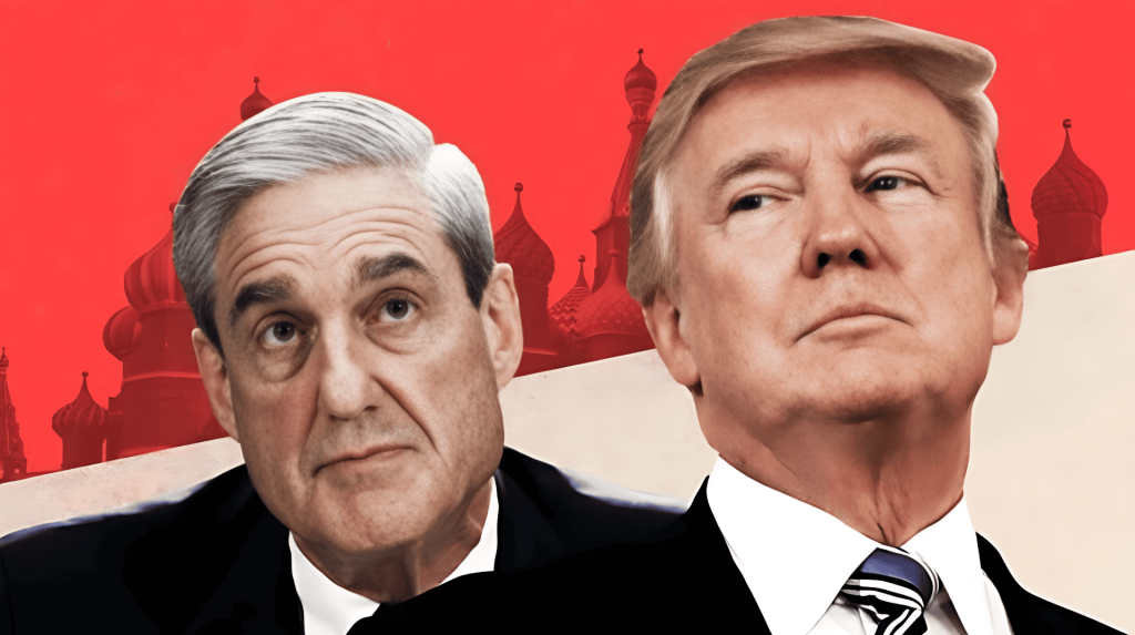 Robert Mueller y Donald Trump con fondo de cúpulas rusas.
