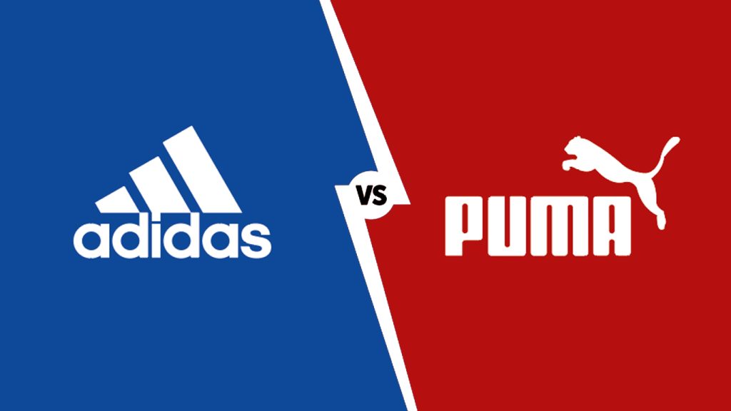 Logos de Adidas vs Puma sobre fondos azul y rojo.