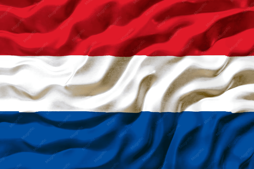 Bandera de los Países Bajos ondeando con franjas rojo, blanco, azul.
