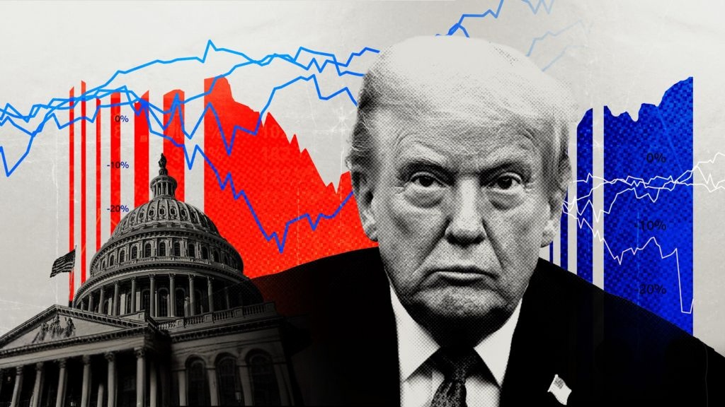 Donald Trump con Capitolio y gráficos económicos rojos y azules.