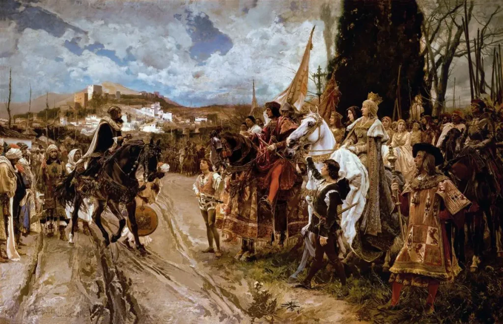 Boabdil entrega las llaves de Granada a los Reyes Católicos.