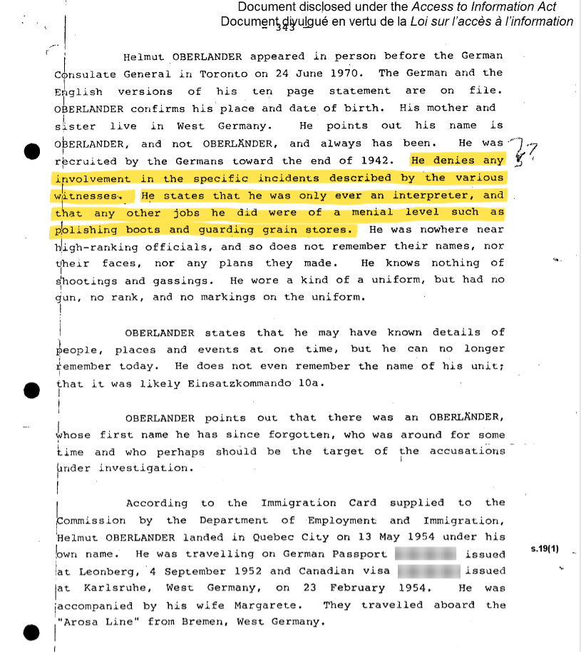 Extracto de los registros del gobierno canadiense sobre Helmut Oberlander