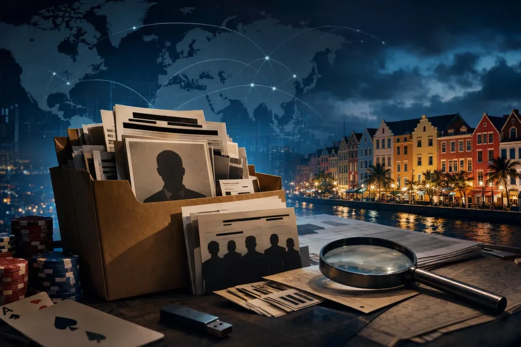 Mesa de investigación con documentos, fichas de póker y mapa global.