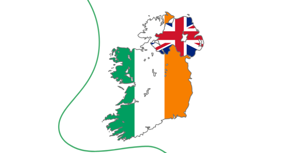 Mapa de Irlanda con banderas de República de Irlanda y Reino Unido.