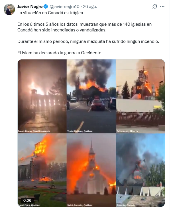 Tuit de Negre sobre iglesias incendiadas en Canadá