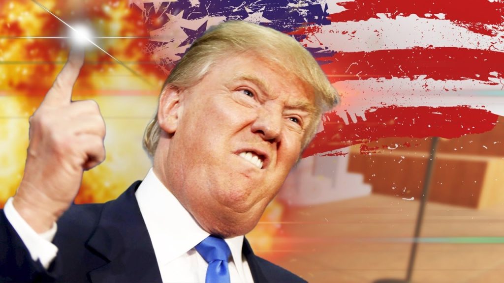 Trump enfadado señalando explosión, fondo bandera americana.