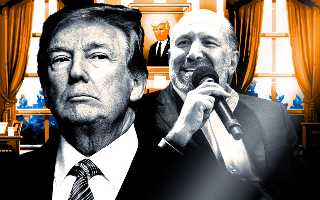 Donald Trump y Alex Jones, retrato collage político con tonos naranja y azul.