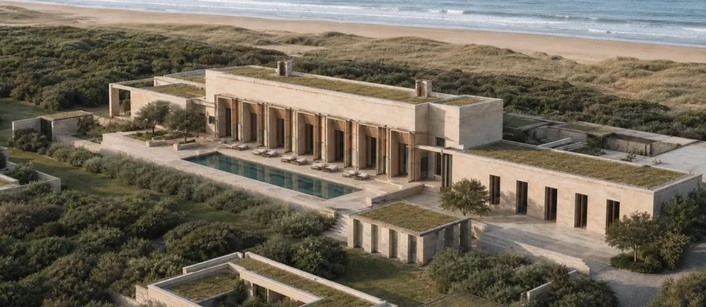 Lujosa villa moderna con piscina y tejados verdes junto al mar.