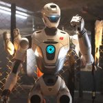 Robot blanco preparándose en un ring de boxeo o jaula.