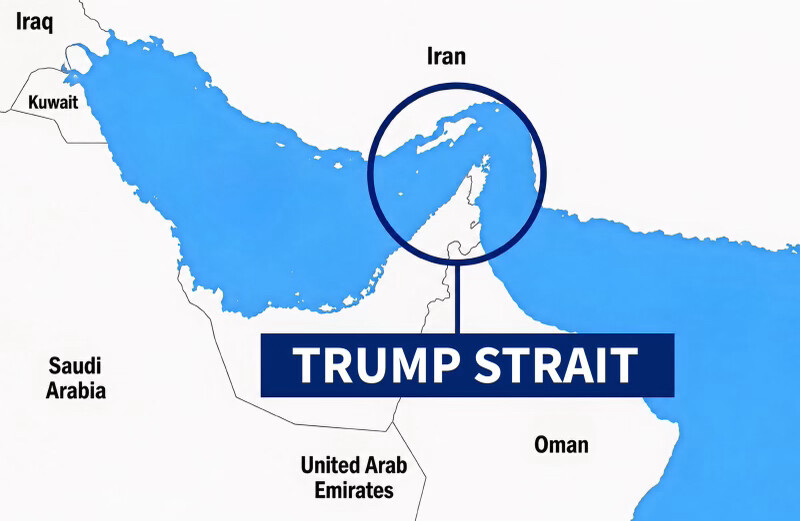 Mapa publicado por Trump en Truth Social mostrando el Estrecho de Ormuz rodeado y etiquetado como Estrecho de Trump