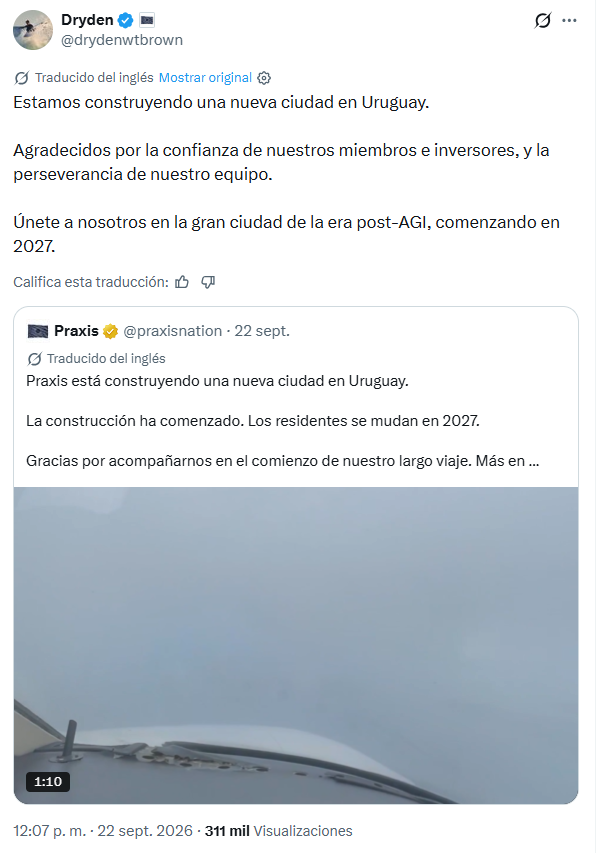 Tuit de Dryden Brown promocionando Praxis en Uruguay